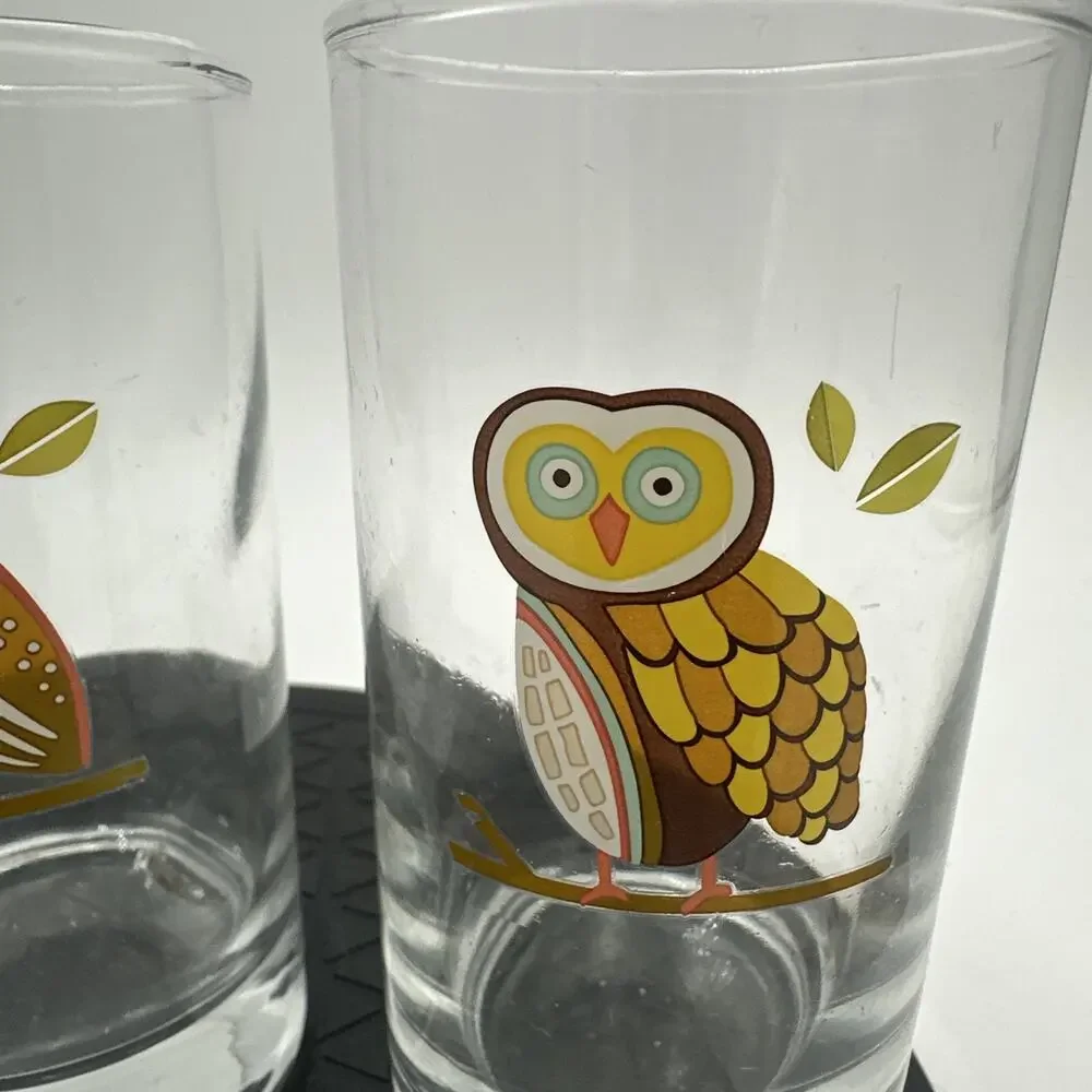 Set Of 3 Vintage Libbey Hoot Owl Small Juice Retro Drinking Glasses